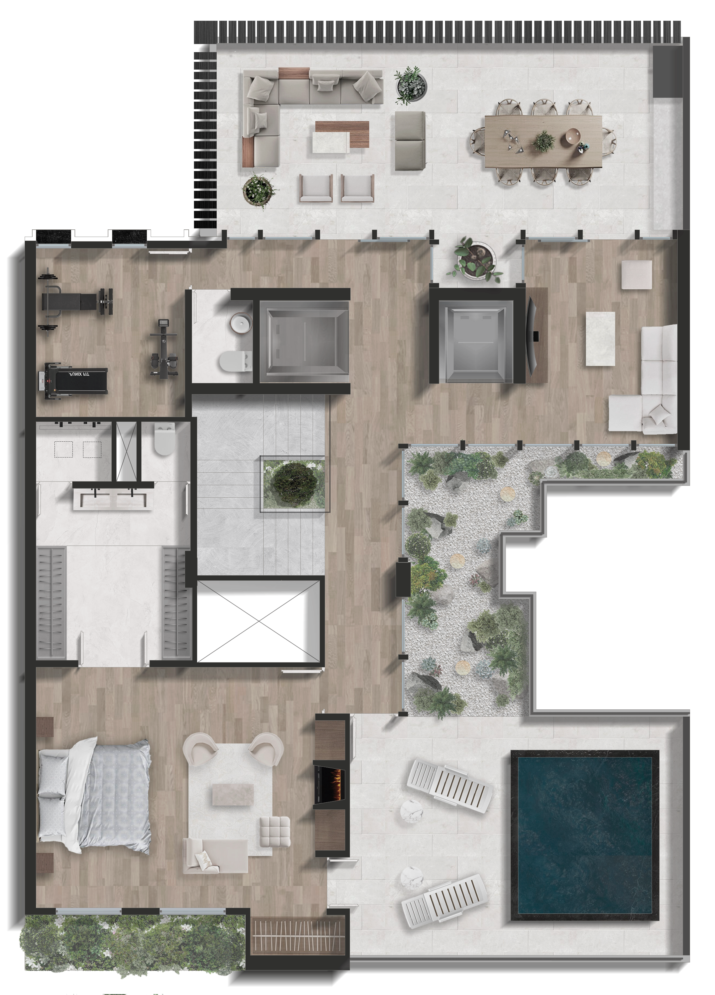 Plano del nivel alto del Dúplex de 400m²