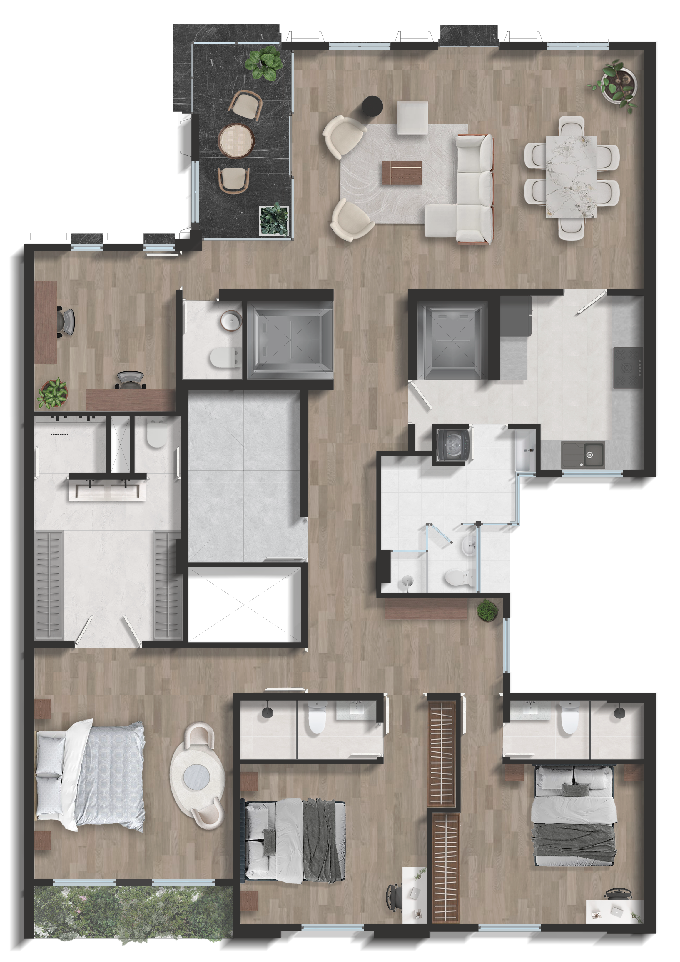 Plano Flat 200m² con terraza